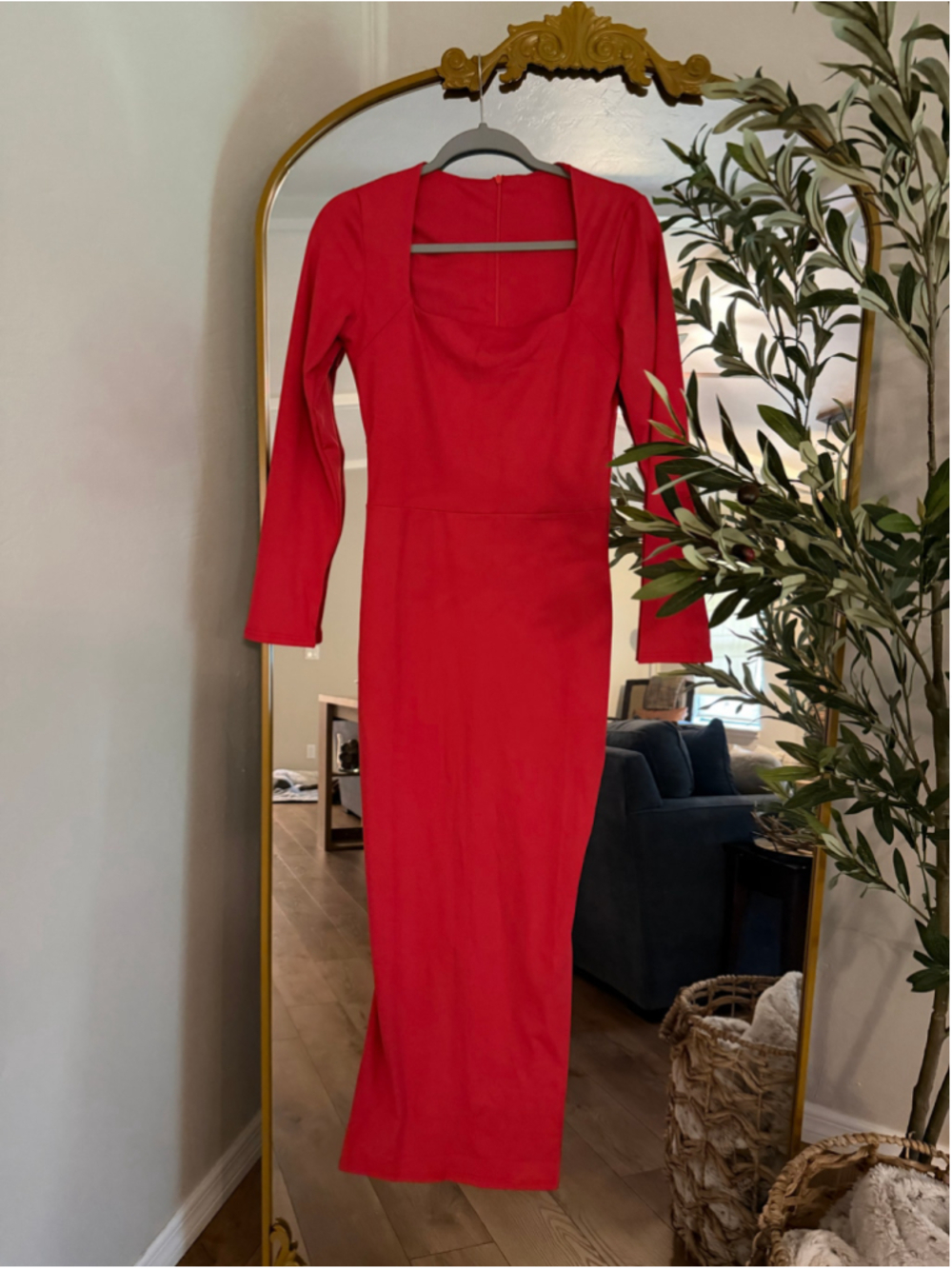 NEW Red Long Sleeve Square Neck Bodycon Maxi Dress L
